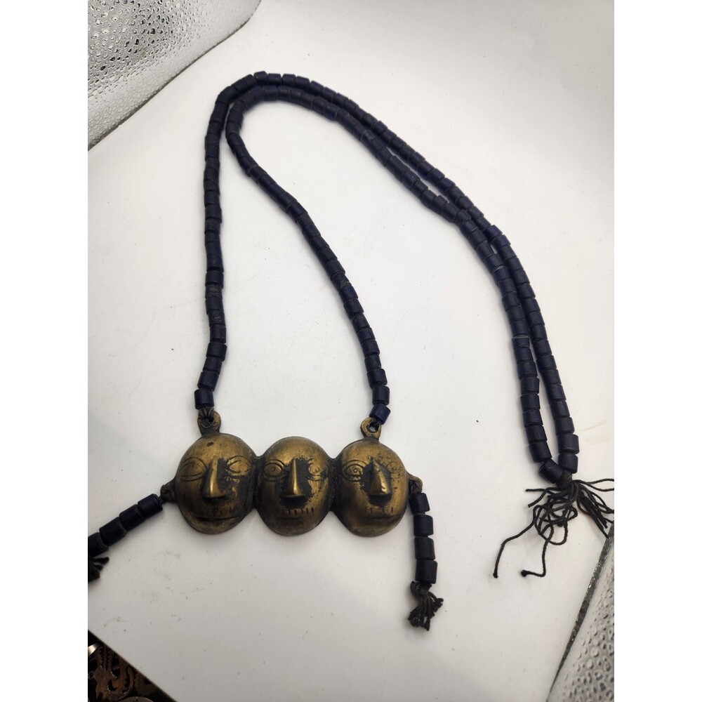 Vintage Naga-Style Tribal Necklace Brass Headhunter Pendant Cobalt Blue Beads